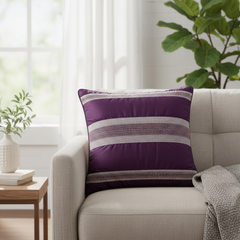 Handcrafted Purple Cushion Cover – 16"x16" | Striped Embellished Design | Premium Poly Cotton