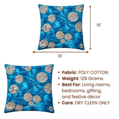 Hand Crafted Cushion Cover – Turquoise | 16"x16" | Poly Cotton | Embroidered Sequin Floral Design