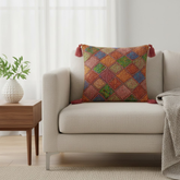 Handcrafted Maroon Cushion Cover – 16"x16" | Diamond Patchwork Embroidery | Tassel Accents | Premium Poly Cotton