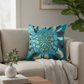 Handcrafted Turquoise Cushion Cover – 16"x16" | Poly Cotton | Artistic Multicolor Embroidery | Premium Festive Décor