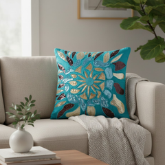 Handcrafted Turquoise Cushion Cover – 16"x16" | Poly Cotton | Artistic Multicolor Embroidery | Premium Festive Décor