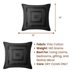 Hand-Crafted Black Cushion Cover – 16"x16", Black Embellished Square Design | Premium Poly Cotton