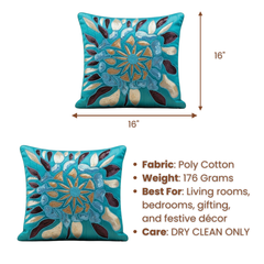 Handcrafted Turquoise Cushion Cover – 16"x16" | Poly Cotton | Artistic Multicolor Embroidery | Premium Festive Décor