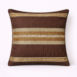 Handcrafted Brown Cushion Cover – 16"x16" | Striped Embellished Design | Premium Poly Cotton