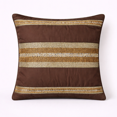 Handcrafted Brown Cushion Cover – 16"x16" | Striped Embellished Design | Premium Poly Cotton