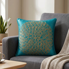 Machine Crafted Turquoise Cushion Cover – 12"x12" | Elegant Gold Floral Embroidery | Premium Poly-Cotton Decorative Cushion Cover