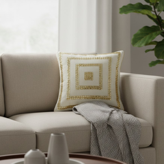 Hand-Crafted Cream Cushion Cover – 16"x16", Golden Square Embellished Design | Premium Poly Cotton