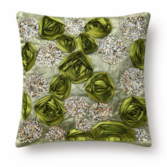 Hand Crafted Cushion Cover – Green | 16"x16" | Poly Cotton | Embroidered Sequin Floral Design