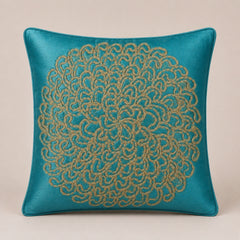 Machine Crafted Turquoise Cushion Cover – 12"x12" | Elegant Gold Floral Embroidery | Premium Poly-Cotton Decorative Cushion Cover