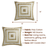 Hand-Crafted Cream Cushion Cover – 16"x16", Golden Square Embellished Design | Premium Poly Cotton