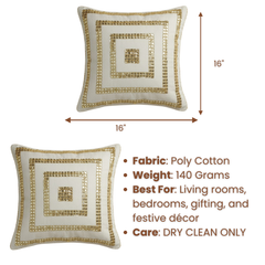 Hand-Crafted Cream Cushion Cover – 16"x16", Golden Square Embellished Design | Premium Poly Cotton