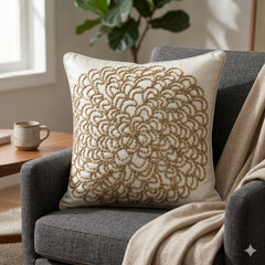 Machine Crafted Cream Cushion Cover – 16"x16" | Elegant Gold Floral Embroidery | Premium Poly-Cotton Decorative Cushion Cover