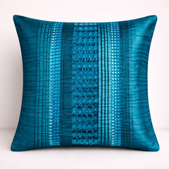 Hand Crafted Cushion Cover – Turquoise | 16"x16" | Poly Cotton | Textured Panel Design