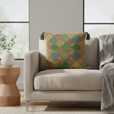Handcrafted Brown Cushion Cover – 16"x16" | Diamond Patchwork Embroidery | Tassel Detailing | Premium Poly Cotton