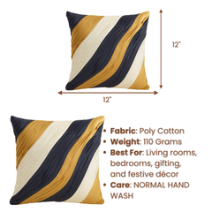 Fabric-Crafted Black Cushion Cover – 12"x12" | Poly Cotton | Triple-Tone Pleated Waves | Premium Modern Décor