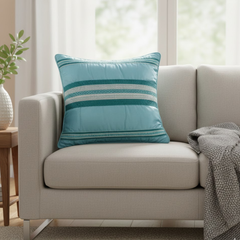 Handcrafted Sky Blue Cushion Cover – 16"x16" | Striped Embellished Design | Premium Poly Cotton