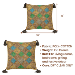 Handcrafted Brown Cushion Cover – 16"x16" | Diamond Patchwork Embroidery | Tassel Detailing | Premium Poly Cotton