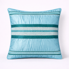 Handcrafted Sky Blue Cushion Cover – 16"x16" | Striped Embellished Design | Premium Poly Cotton