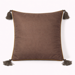 Handcrafted Brown Cushion Cover – 16"x16" | Diamond Patchwork Embroidery | Tassel Detailing | Premium Poly Cotton