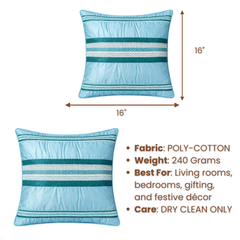 Handcrafted Sky Blue Cushion Cover – 16"x16" | Striped Embellished Design | Premium Poly Cotton
