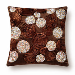 Hand Crafted Cushion Cover – Brown | 16"x16" | Poly Cotton | Embroidered Sequin Rosette Design