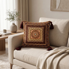 Hand Crafted Cushion Cover – Brown | 12"x12" | Poly Cotton | Embroidered Medallion Design