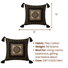 Handcrafted Cushion Cover – Black | 12"x12" | Traditional Embroidered Tassel Decorative Cushion Cover