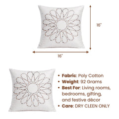 Hand Crafted Cushion Cover – White | 16"x16" | Poly Cotton Fabric | Floral Design