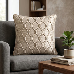 Fabric Crafted Cushion Cover – Cream | 16"x16" | Poly Cotton Fabric | Elegant Embossed Wavy Pattern Design