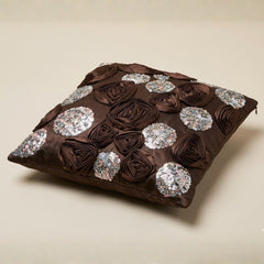 Hand Crafted Cushion Cover – Brown | 16"x16" | Poly Cotton | Embroidered Sequin Rosette Design