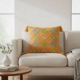 Handcrafted Orange Cushion Cover – 16"x16" | Diamond Patchwork Embroidery | Tassel Detailing | Premium Poly Cotton