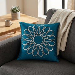 Hand Crafted Cushion Cover – Turquoise | 12"x12" | Poly Cotton Fabric | Floral Design