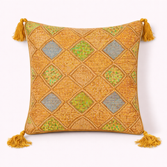 Handcrafted Orange Cushion Cover – 16"x16" | Diamond Patchwork Embroidery | Tassel Detailing | Premium Poly Cotton