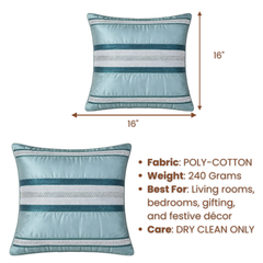 Handcrafted Green Cushion Cover – 16"x16" | Striped Embellished Design | Premium Poly Cotton