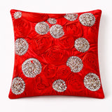 Hand Crafted Cushion Cover – Red | 16"x16" | Poly Cotton | Embroidered Sequin Rosette Design