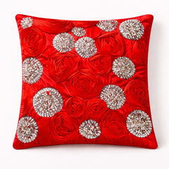 Hand Crafted Cushion Cover – Red | 16"x16" | Poly Cotton | Embroidered Sequin Rosette Design
