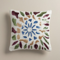 Handcrafted White Cushion Cover – 12"x12" | Artistic Multi-Color Embroidered Floral Design | Premium Poly Cotton