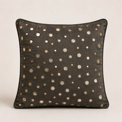 Handcrafted Brown Cushion Cover – 12"x12" | Mirror Dot Embroidery | Premium Poly Cotton | Elegant Decorative Accent