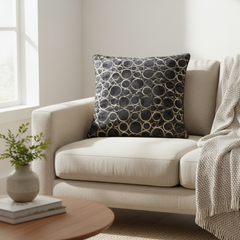 Machine-Crafted Black Cushion Cover – 16"x16" | Circular Embroidered Design | Premium Poly Channel Fabric