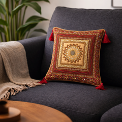 Hand Crafted Cushion Cover – Maroon | 12"x12" | Poly Cotton | Embroidered Medallion Design