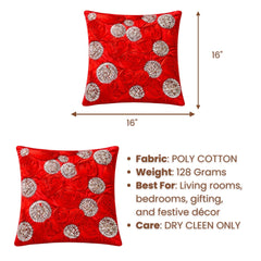 Hand Crafted Cushion Cover – Red | 16"x16" | Poly Cotton | Embroidered Sequin Rosette Design