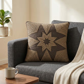 Machine Crafted Brown Cushion Cover – 12"x12" | Geometric Star Patchwork Embroidery | Premium Poly-Cotton Decorative Cushion Cover
