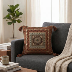 Handcrafted Cushion Cover – Orange | 12"x12" | Traditional Embroidered Tassel Decorative Cushion Cover