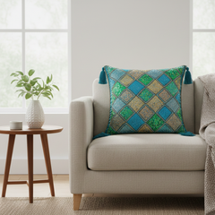 Handcrafted Turquoise Cushion Cover – 16"x16" | Diamond Patchwork Embroidery | Tassel Detailing | Premium Poly Cotton
