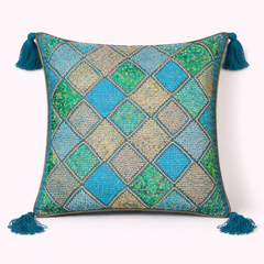 Handcrafted Turquoise Cushion Cover – 16"x16" | Diamond Patchwork Embroidery | Tassel Detailing | Premium Poly Cotton