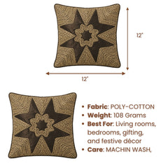 Machine Crafted Brown Cushion Cover – 12"x12" | Geometric Star Patchwork Embroidery | Premium Poly-Cotton Decorative Cushion Cover