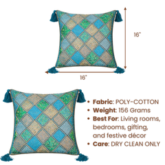Handcrafted Turquoise Cushion Cover – 16"x16" | Diamond Patchwork Embroidery | Tassel Detailing | Premium Poly Cotton