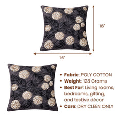 Hand Crafted Cushion Cover – Black | 16"x16" | Poly Cotton | Sequin Rosette Design