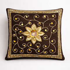 Hand Crafted Embroidered Cushion Cover – Black | 12"x12" | Poly Cotton | Floral Design