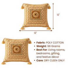 Hand Crafted Cushion Cover – Camel | 12"x12" | Poly Cotton | Embroidered Medallion Design